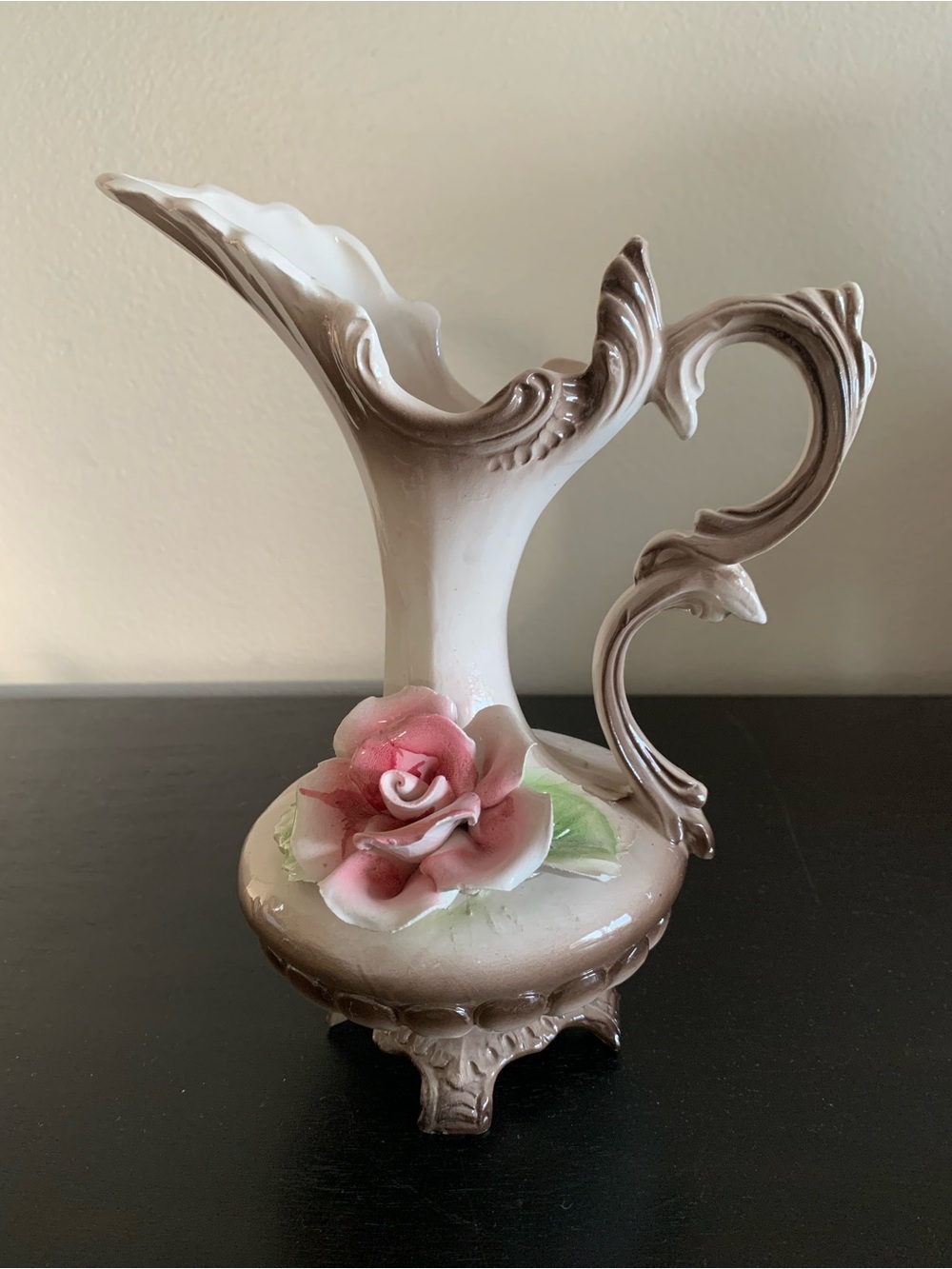 Vintage Italian Nuova Capodimonte Porcelain Footed Flower Pink Rose Vase Pitcher
